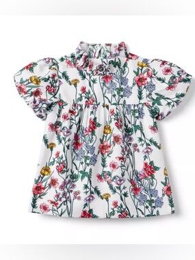 Janie and Jack Girls' Floral puff sleeve Ruffle Neck Top White Multi size 5
